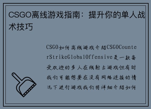 CSGO离线游戏指南：提升你的单人战术技巧