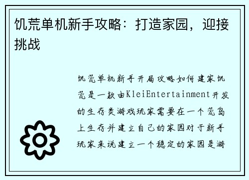 饥荒单机新手攻略：打造家园，迎接挑战
